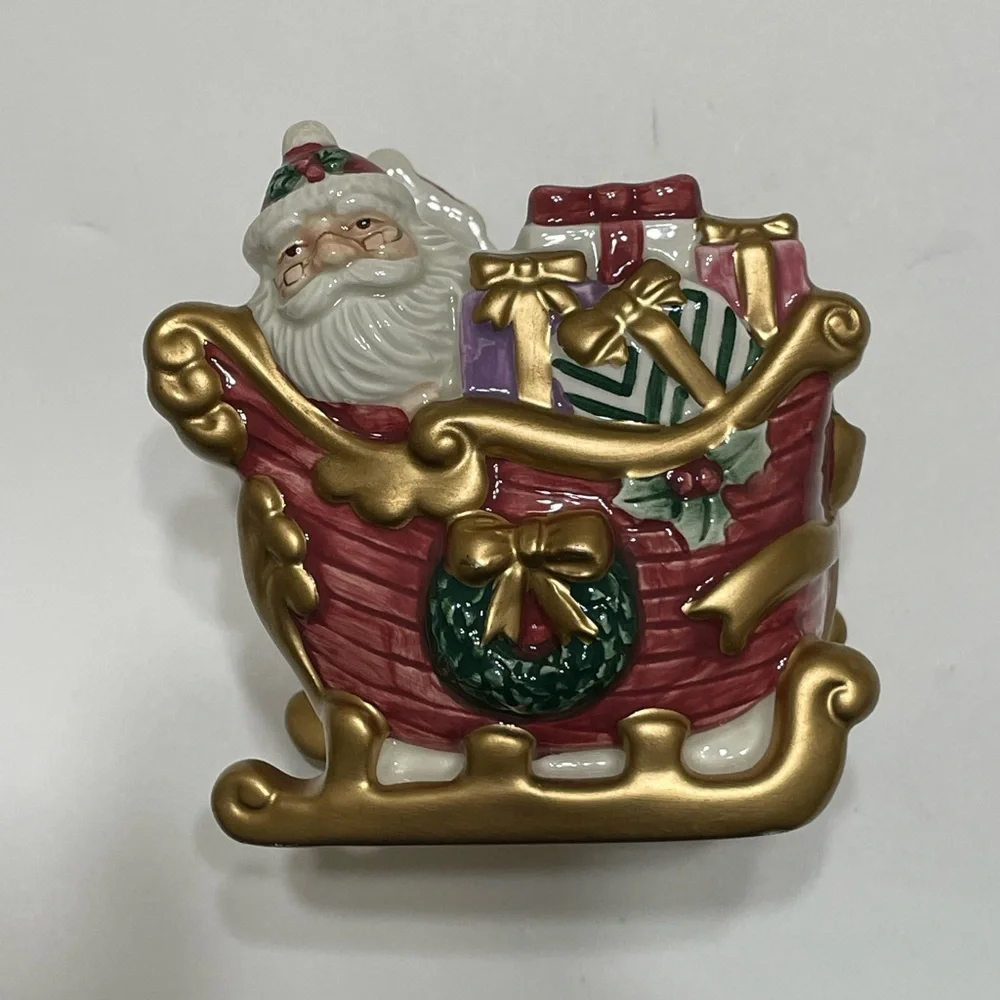 FITZ & FLOYD Santa In Sleigh Ceramic Candle Holder